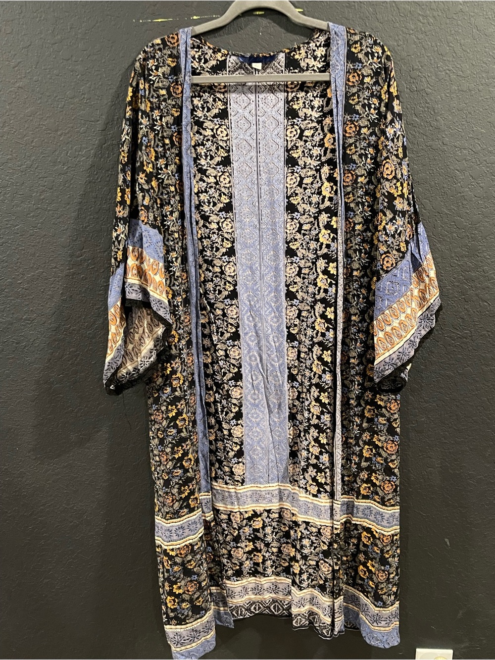 Blue Rain Black Floral Open-Front Kimono with Blue & Gold Accents